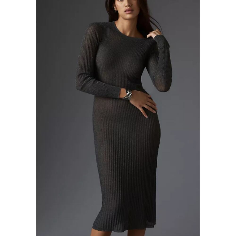 NEW! Daily Practice Anthropologie Sheer Sparkle Sweater Midi Dress MP Gray $118